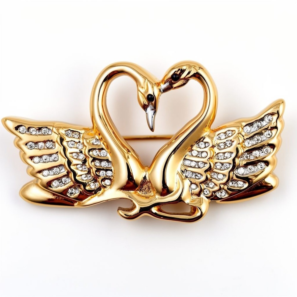 Butler Gold Tone Double Swan Heart Brooch Rhinestone Crystal Love Birds Pin